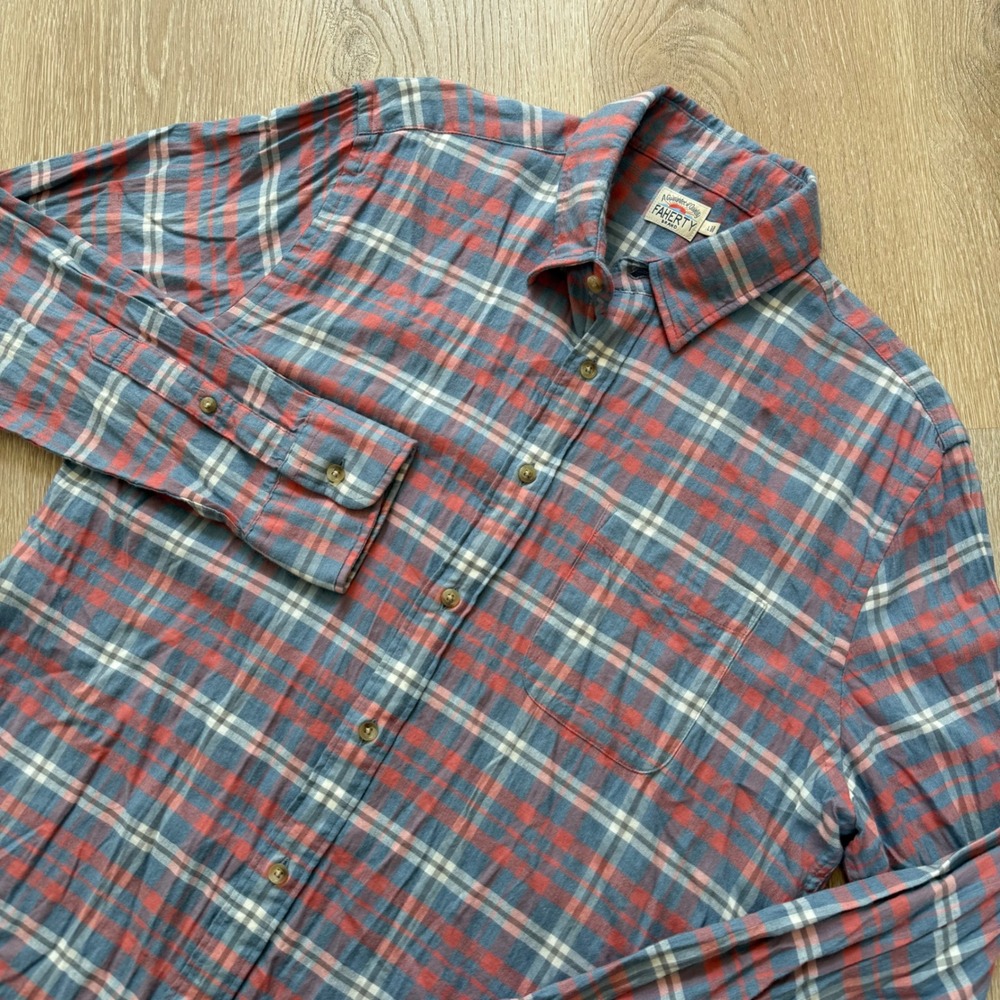 Faherty Movement Shirt Button Down Mens Large Blue Coral Plaid Stretch Cotton
